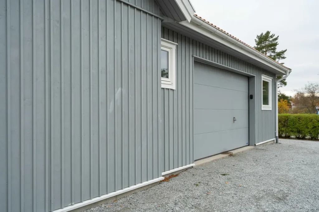 m lning av fasadpanel och garageport i hummelsta